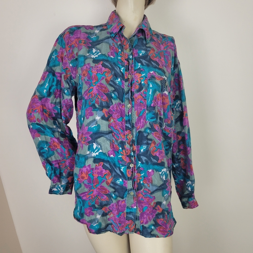 Vintage 100% silk button down. 80's 90's. Bright colors. Medium